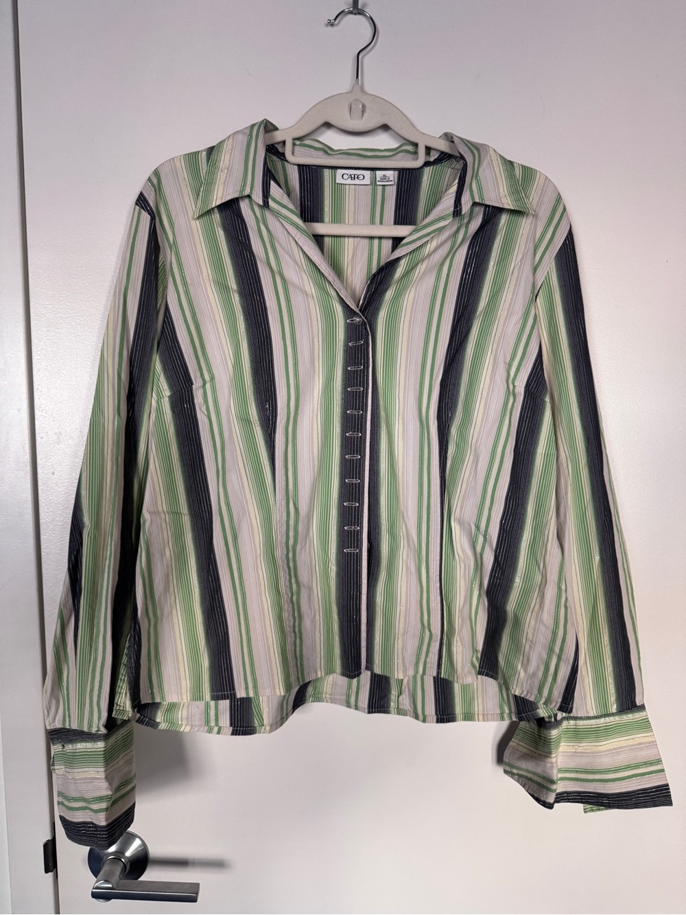 Vintage Cato Green, White & Black Striped Button-Up Shirt